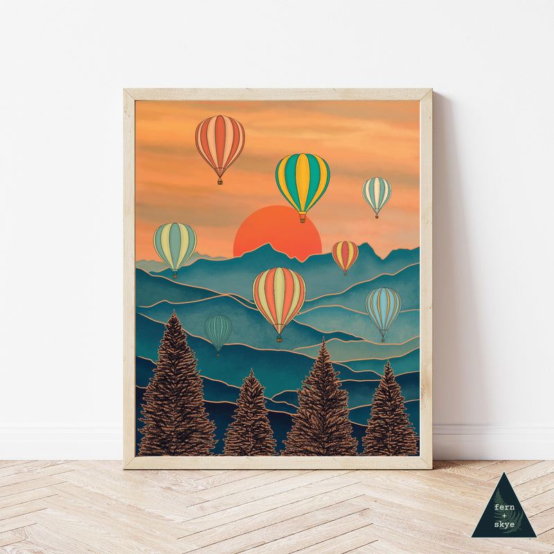 Hot Air Balloons Over Colored Mountain Skies Art Print