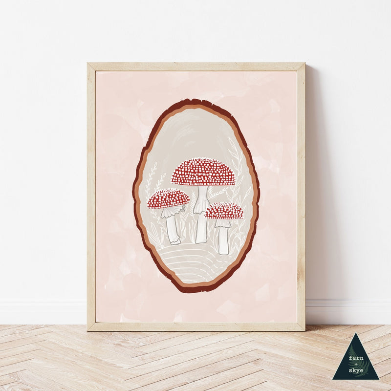 Red Mushroom Wood Slice Art Print