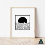 Ocean Sunset Line Art Print - Black & White